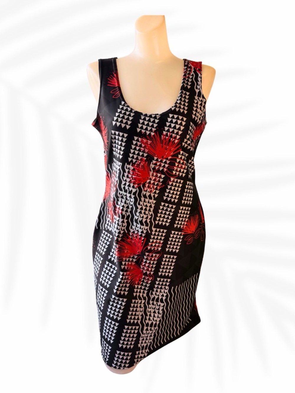 Pomahina Hawaii Black Red Floral Midi Dress Sleeveless Fitted Island Style